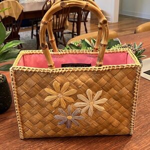 Vintage Lois Hill Bamboo Handled Woven Rattan Bag with Daisies